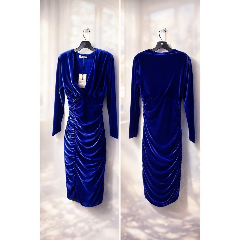Chiara Boni Blue Yori Ruched Deep V-Neck Velvet Mini Dress Size 10